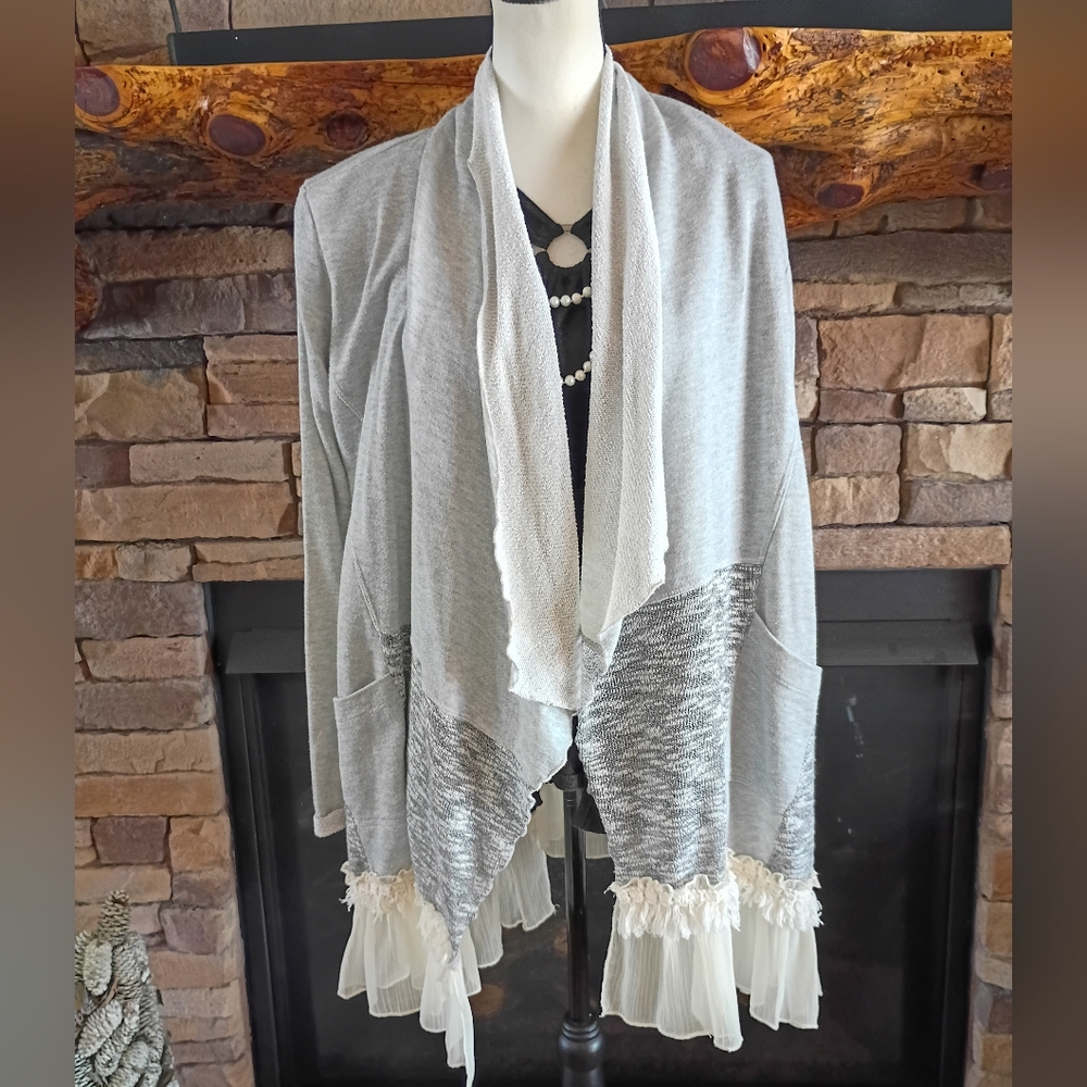 Scrapbook Gray White Cotton Boho Bohemian Open Long Cardigan Sweater - Picture 2 of 16